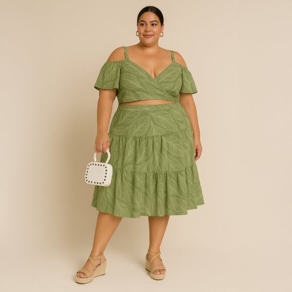 A213 ✽ Tropical Leaf Print Two-Piece Set - Picture 1 of 3